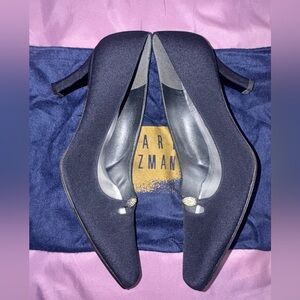 Stuart Weitzman Crystal Kitten Satin Navy Pumps Pointed Toe Heels wedding Sz 9